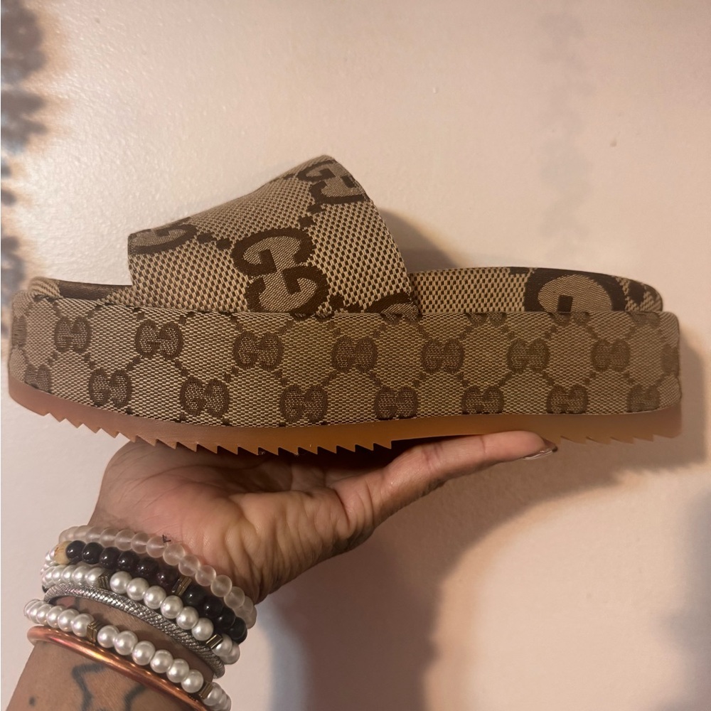Brown Monogram Platform Slides